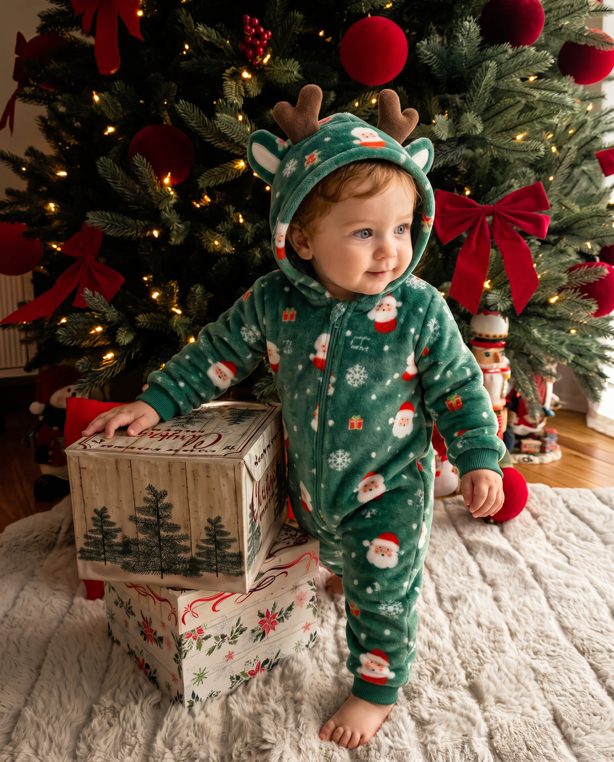 Green Christmas Reindeer Plush Kids Romper