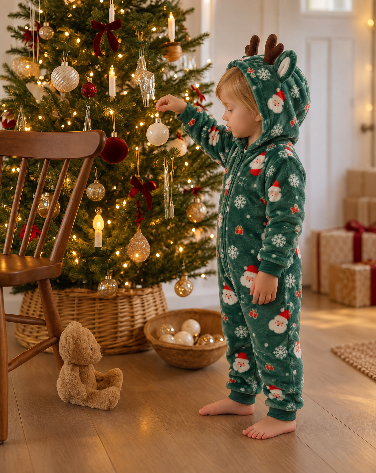 Green Christmas Reindeer Plush Kids Romper
