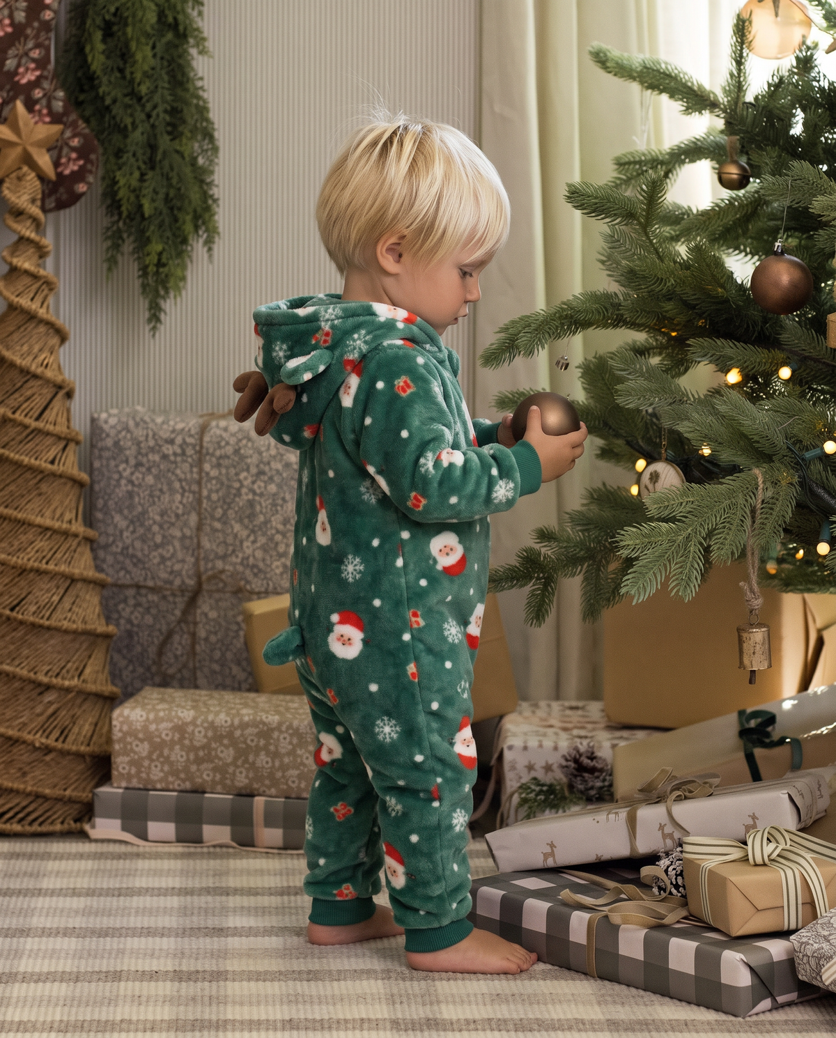 Green Christmas Reindeer Plush Kids Romper