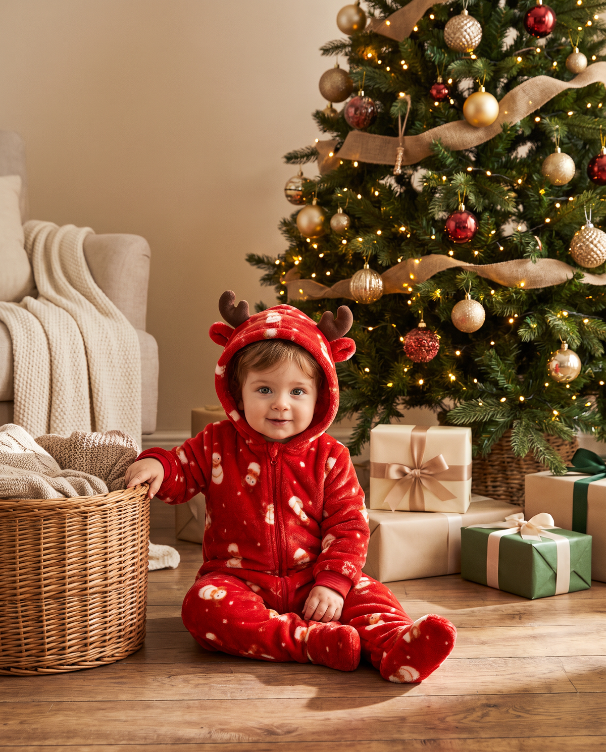 Red Christmas Reindeer Plush Kids Romper