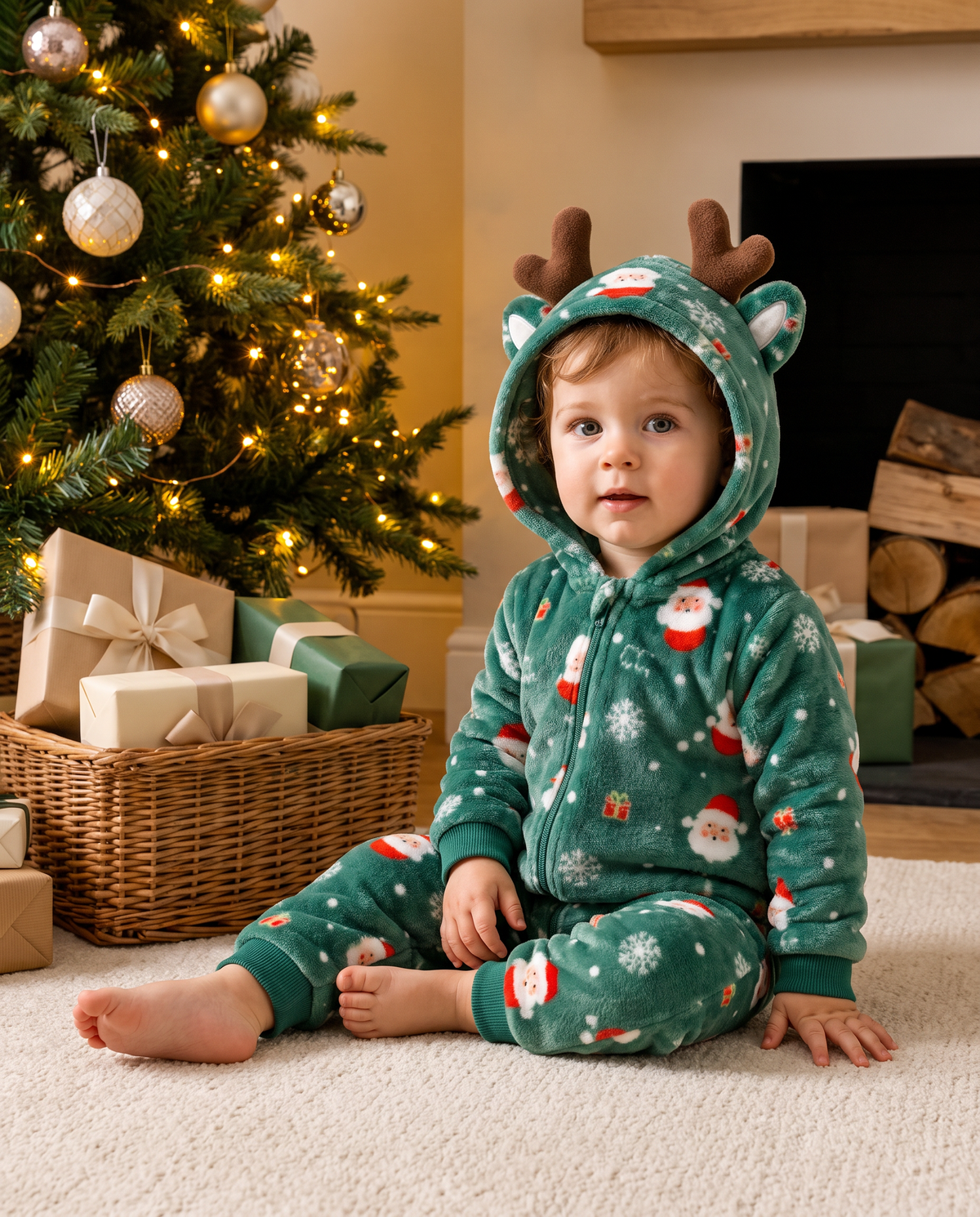 Green Christmas Reindeer Plush Kids Romper