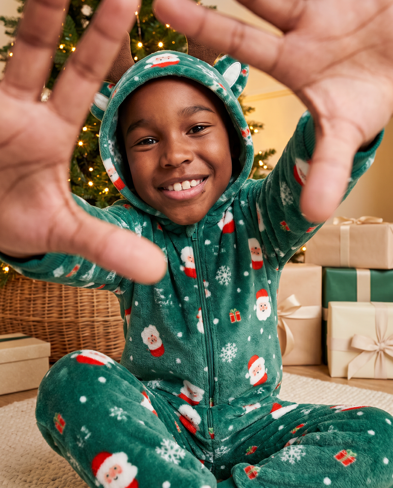 Green Christmas Reindeer Plush Kids Romper