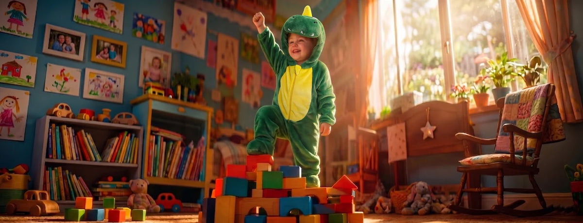 Toddler in a dinosaur romper standing on wooden blocks in a sunlit playroom